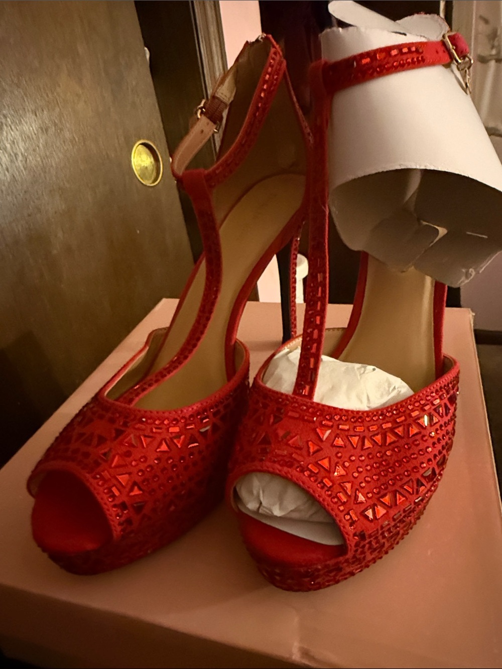 Thalia Sodi Red T-Strap Peep-Toe Platform Heels with Embellishments